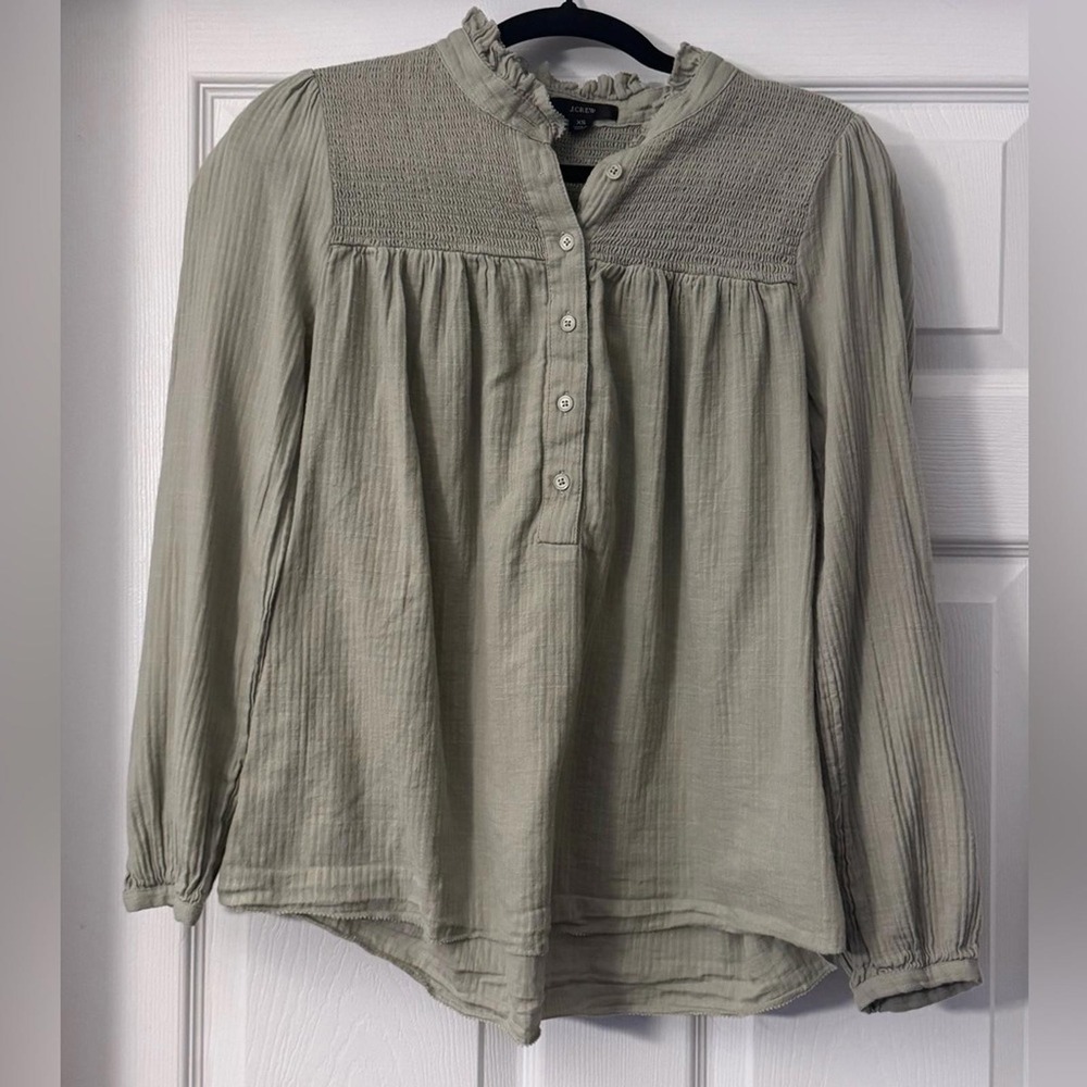 J. Crew Light Sage Green Long-Sleeve Smocked Yoke Blouse